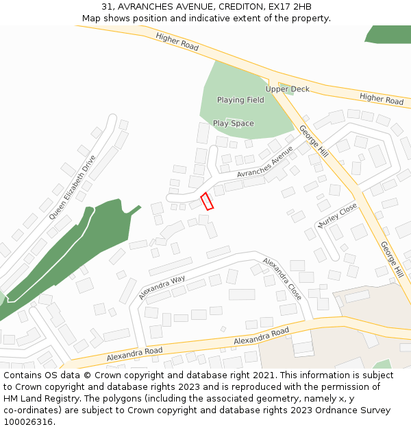 31, AVRANCHES AVENUE, CREDITON, EX17 2HB: Location map and indicative extent of plot
