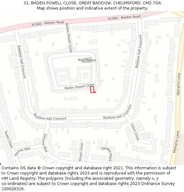 31, BADEN POWELL CLOSE, GREAT BADDOW, CHELMSFORD, CM2 7GA: Location map and indicative extent of plot
