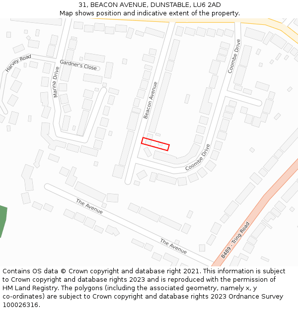 31, BEACON AVENUE, DUNSTABLE, LU6 2AD: Location map and indicative extent of plot