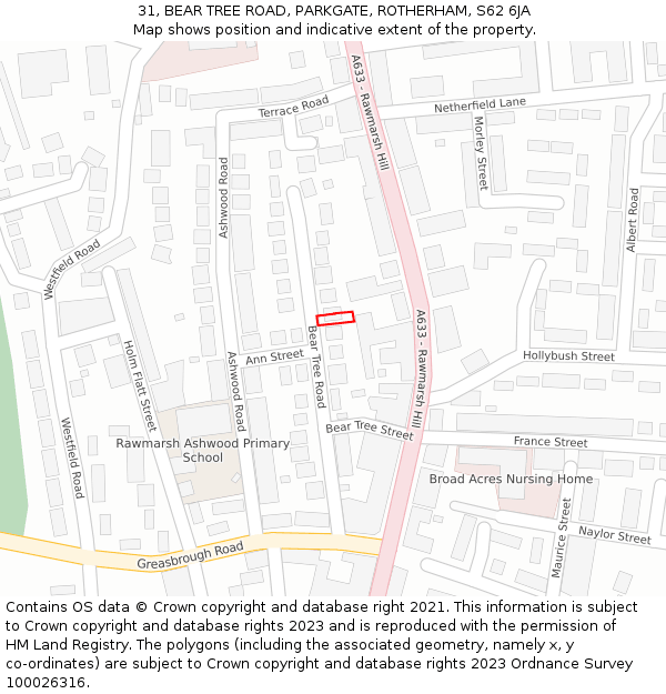 31, BEAR TREE ROAD, PARKGATE, ROTHERHAM, S62 6JA: Location map and indicative extent of plot