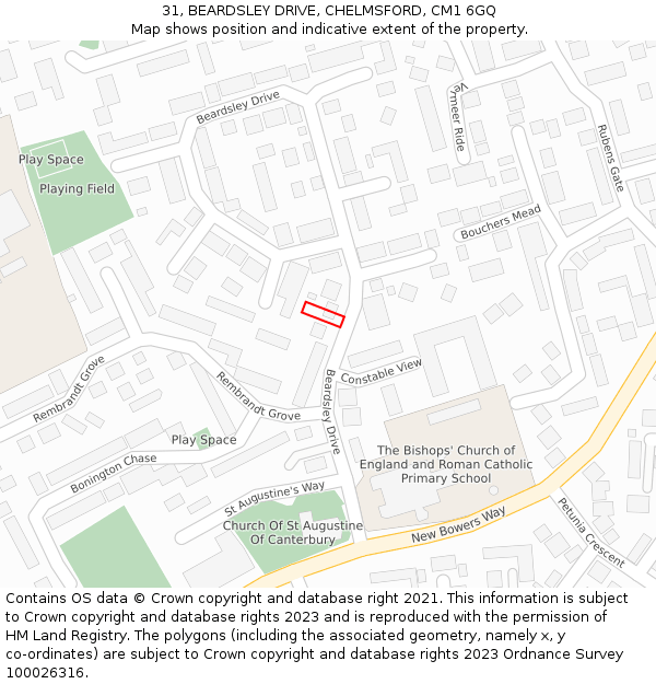 31, BEARDSLEY DRIVE, CHELMSFORD, CM1 6GQ: Location map and indicative extent of plot