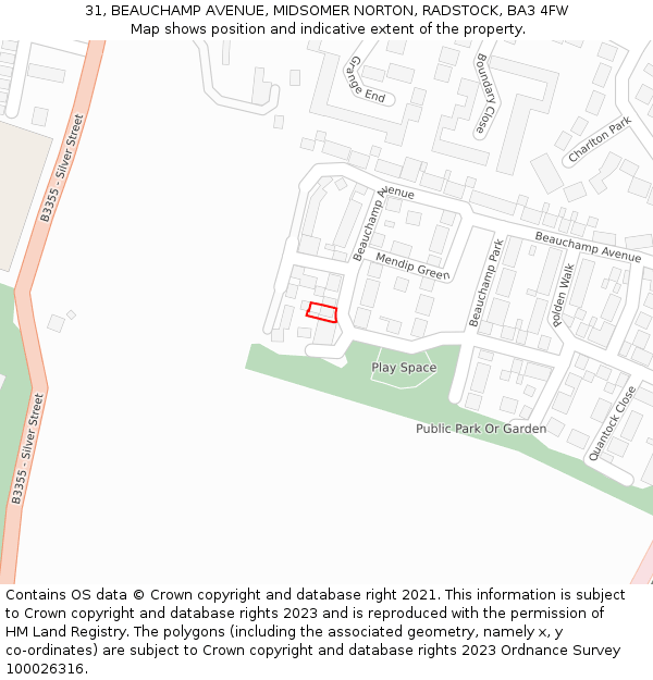 31, BEAUCHAMP AVENUE, MIDSOMER NORTON, RADSTOCK, BA3 4FW: Location map and indicative extent of plot