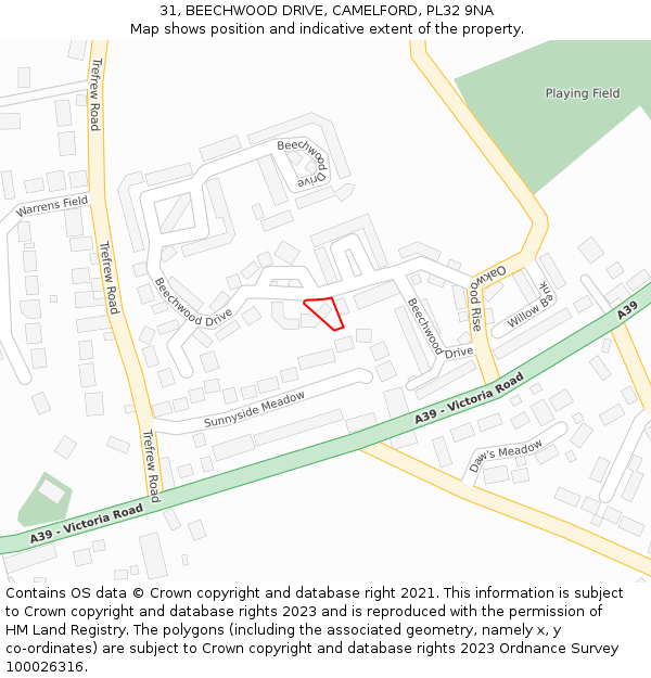31, BEECHWOOD DRIVE, CAMELFORD, PL32 9NA: Location map and indicative extent of plot