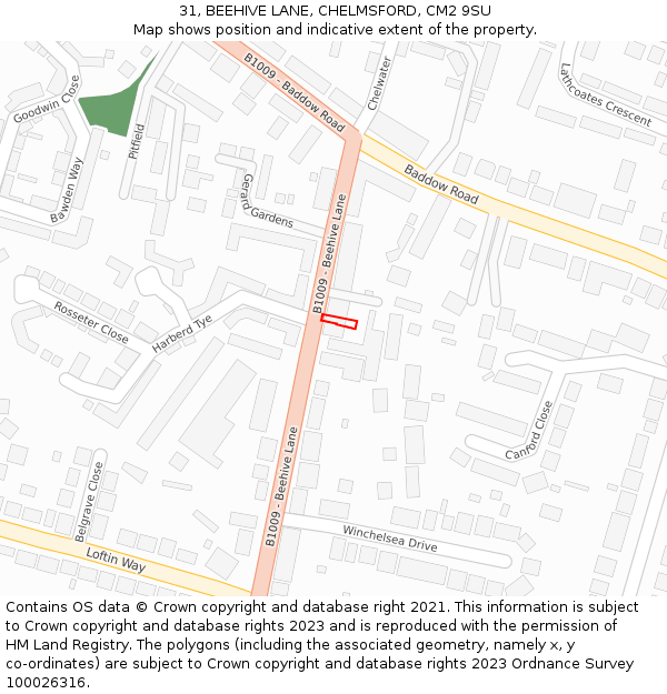 31, BEEHIVE LANE, CHELMSFORD, CM2 9SU: Location map and indicative extent of plot