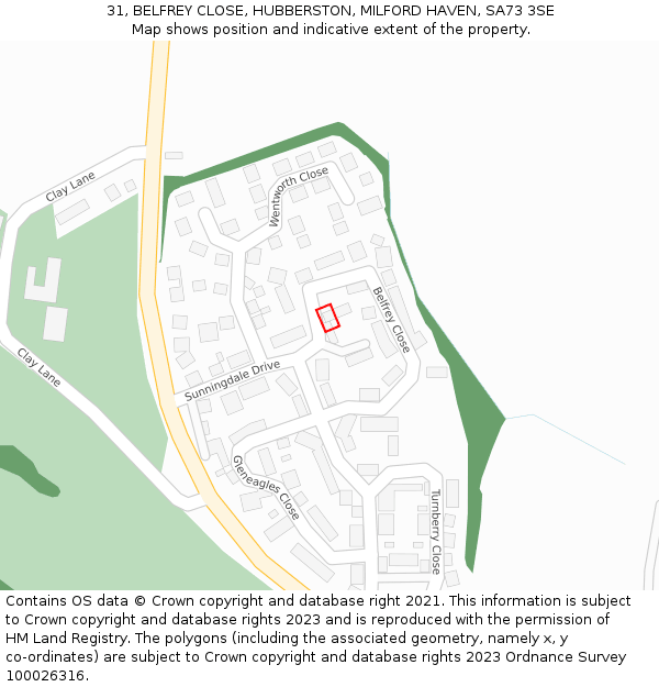 31, BELFREY CLOSE, HUBBERSTON, MILFORD HAVEN, SA73 3SE: Location map and indicative extent of plot