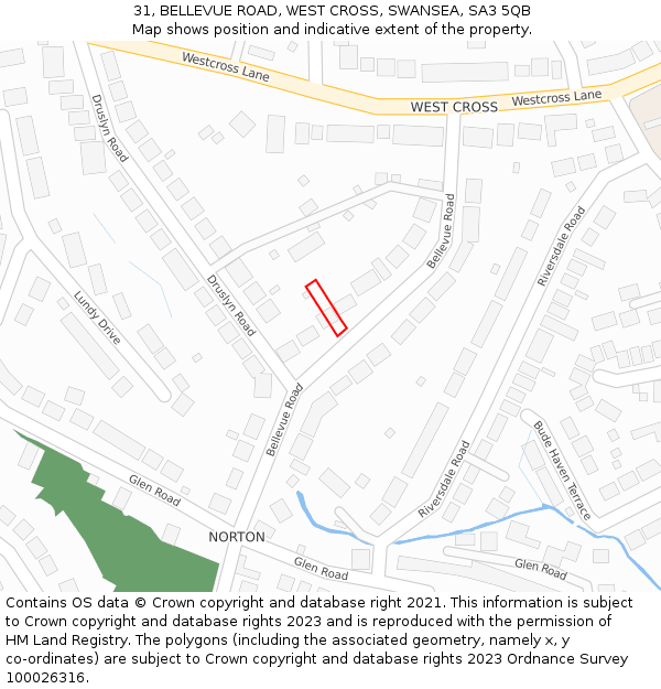 31, BELLEVUE ROAD, WEST CROSS, SWANSEA, SA3 5QB: Location map and indicative extent of plot