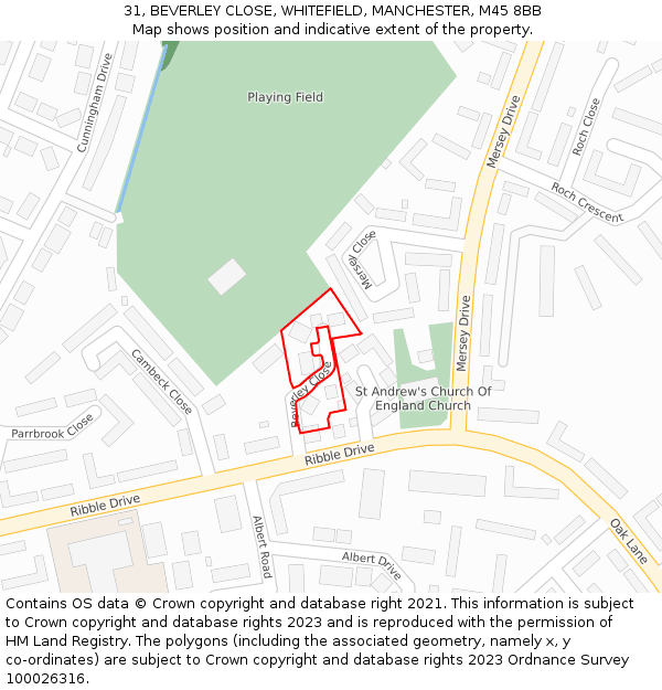 31, BEVERLEY CLOSE, WHITEFIELD, MANCHESTER, M45 8BB: Location map and indicative extent of plot
