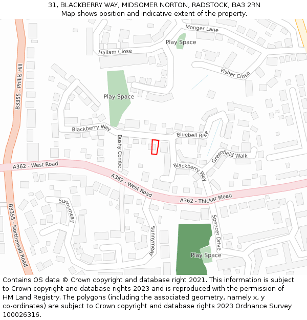 31, BLACKBERRY WAY, MIDSOMER NORTON, RADSTOCK, BA3 2RN: Location map and indicative extent of plot
