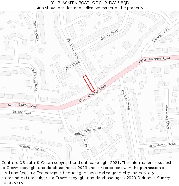 31, BLACKFEN ROAD, SIDCUP, DA15 8QD: Location map and indicative extent of plot