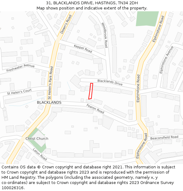 31, BLACKLANDS DRIVE, HASTINGS, TN34 2DH: Location map and indicative extent of plot