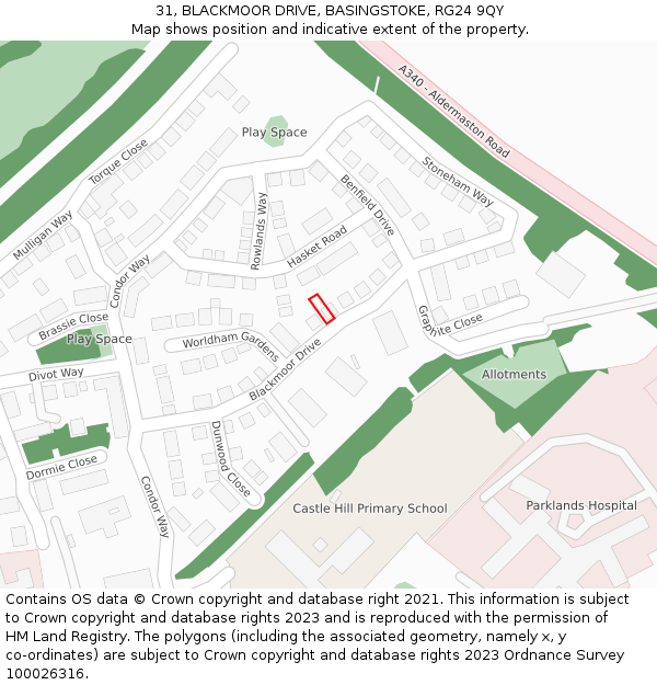 31, BLACKMOOR DRIVE, BASINGSTOKE, RG24 9QY: Location map and indicative extent of plot