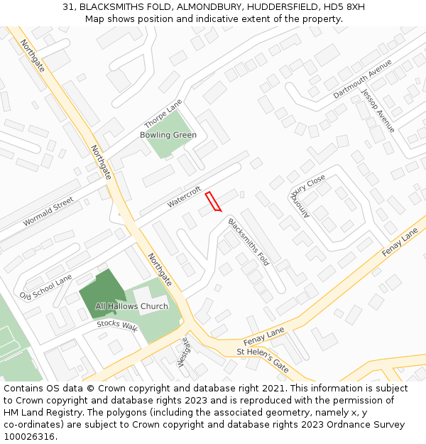 31, BLACKSMITHS FOLD, ALMONDBURY, HUDDERSFIELD, HD5 8XH: Location map and indicative extent of plot