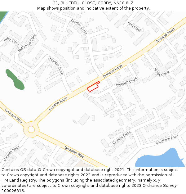 31, BLUEBELL CLOSE, CORBY, NN18 8LZ: Location map and indicative extent of plot