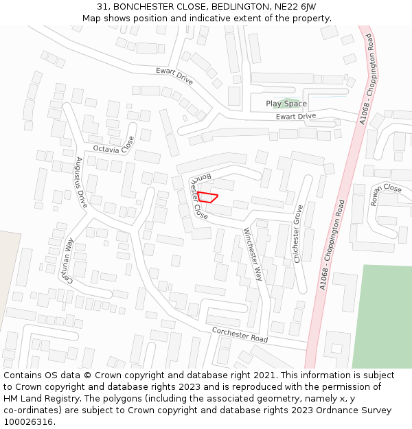 31, BONCHESTER CLOSE, BEDLINGTON, NE22 6JW: Location map and indicative extent of plot
