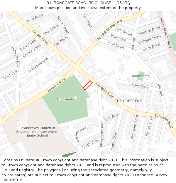 31, BONEGATE ROAD, BRIGHOUSE, HD6 1TQ: Location map and indicative extent of plot