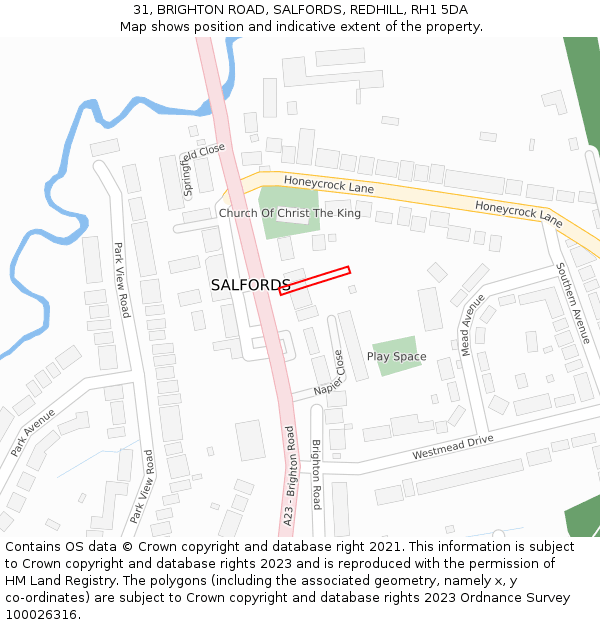 31, BRIGHTON ROAD, SALFORDS, REDHILL, RH1 5DA: Location map and indicative extent of plot
