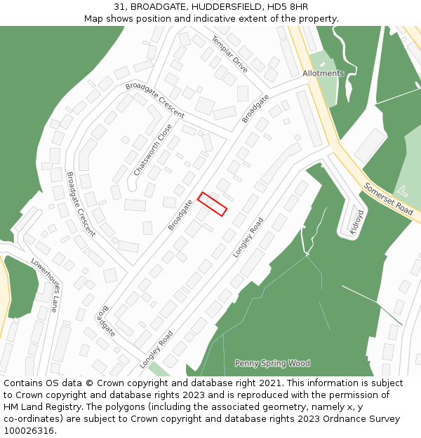 31, BROADGATE, HUDDERSFIELD, HD5 8HR: Location map and indicative extent of plot