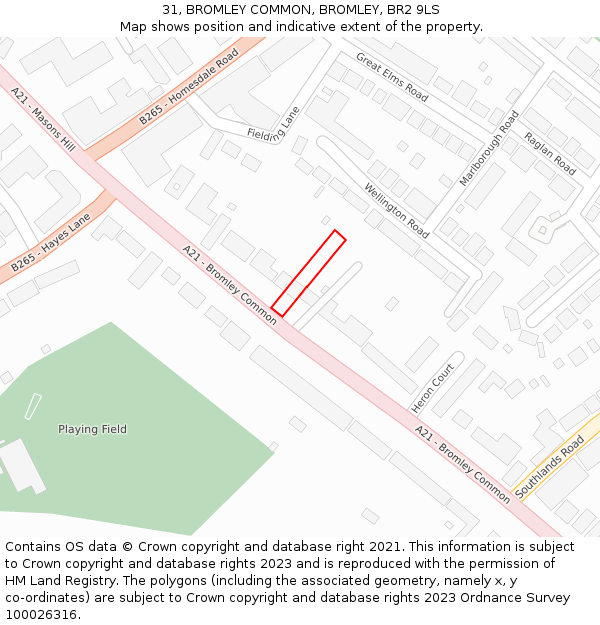 31, BROMLEY COMMON, BROMLEY, BR2 9LS: Location map and indicative extent of plot