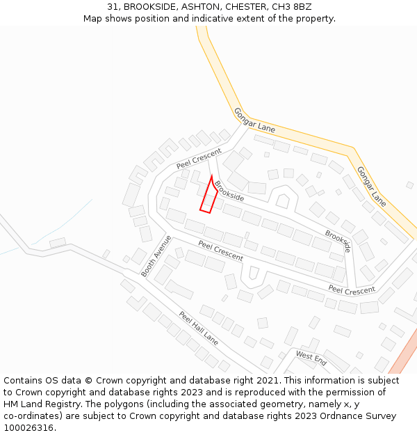 31, BROOKSIDE, ASHTON, CHESTER, CH3 8BZ: Location map and indicative extent of plot