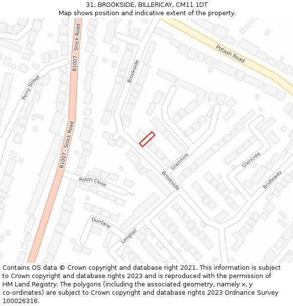 31, BROOKSIDE, BILLERICAY, CM11 1DT: Location map and indicative extent of plot