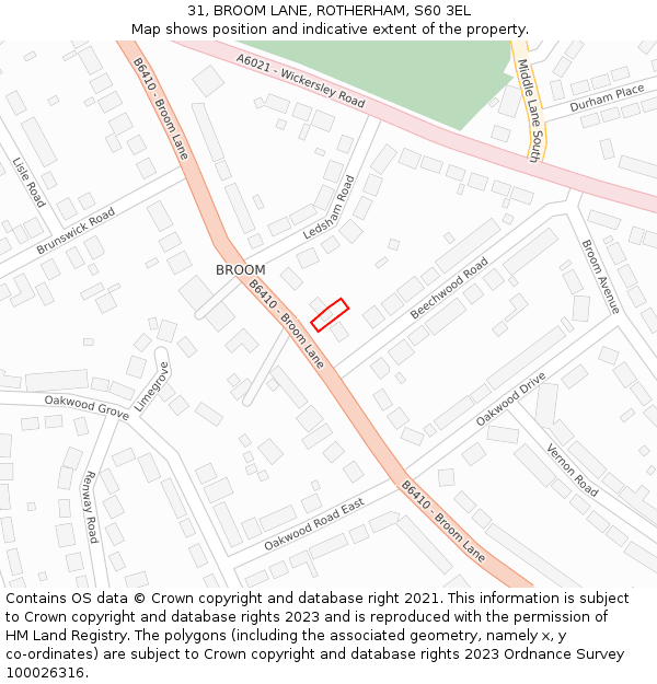 31, BROOM LANE, ROTHERHAM, S60 3EL: Location map and indicative extent of plot