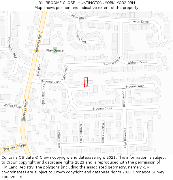 31, BROOME CLOSE, HUNTINGTON, YORK, YO32 9RH: Location map and indicative extent of plot