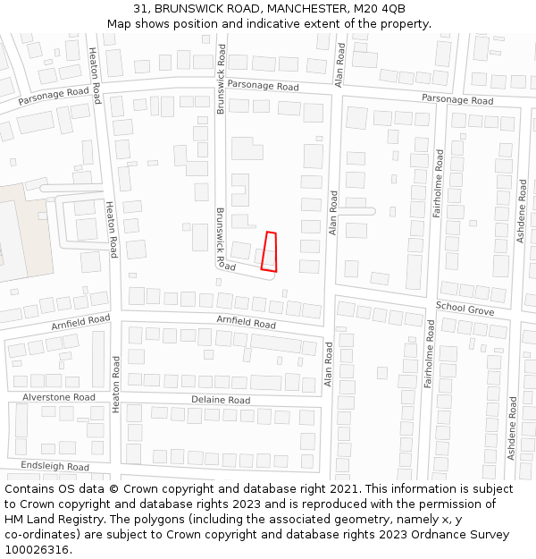31, BRUNSWICK ROAD, MANCHESTER, M20 4QB: Location map and indicative extent of plot
