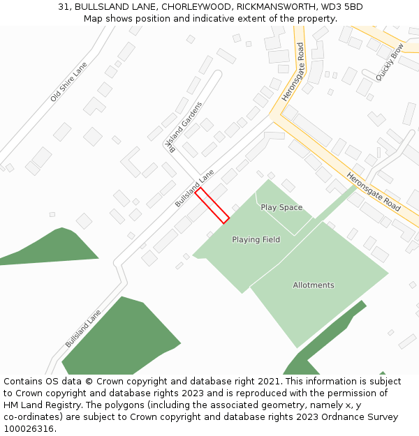 31, BULLSLAND LANE, CHORLEYWOOD, RICKMANSWORTH, WD3 5BD: Location map and indicative extent of plot