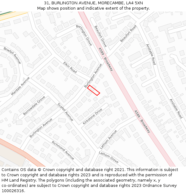 31, BURLINGTON AVENUE, MORECAMBE, LA4 5XN: Location map and indicative extent of plot