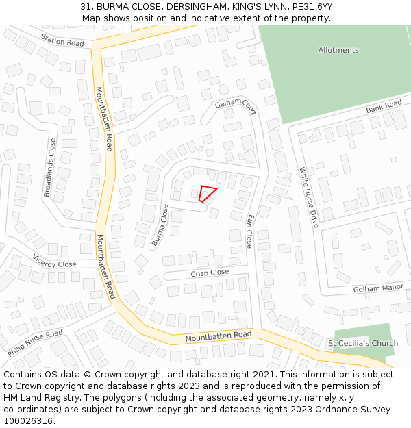 31, BURMA CLOSE, DERSINGHAM, KING'S LYNN, PE31 6YY: Location map and indicative extent of plot