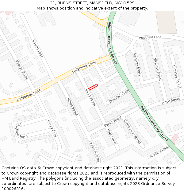 31, BURNS STREET, MANSFIELD, NG18 5PS: Location map and indicative extent of plot