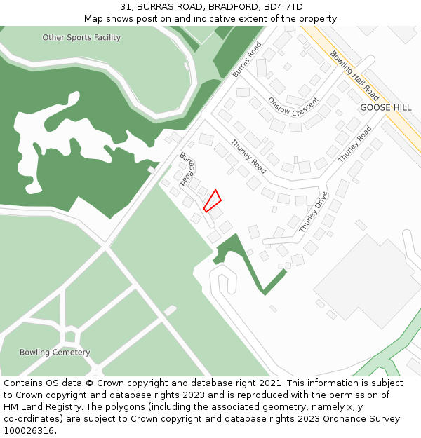 31, BURRAS ROAD, BRADFORD, BD4 7TD: Location map and indicative extent of plot