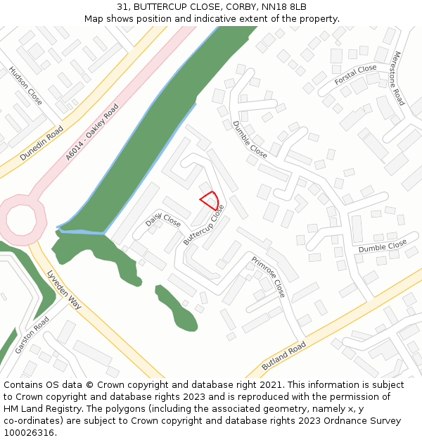 31, BUTTERCUP CLOSE, CORBY, NN18 8LB: Location map and indicative extent of plot