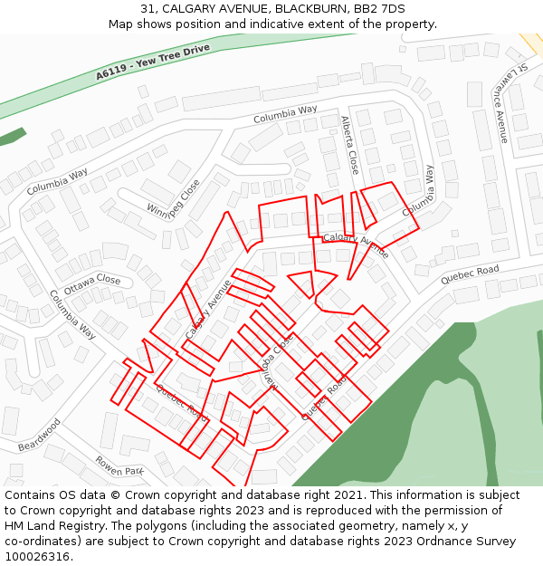 31, CALGARY AVENUE, BLACKBURN, BB2 7DS: Location map and indicative extent of plot