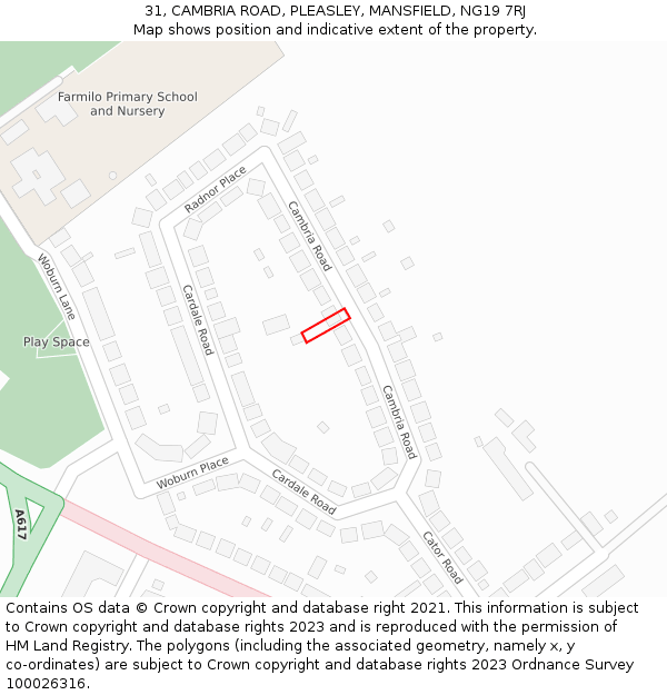 31, CAMBRIA ROAD, PLEASLEY, MANSFIELD, NG19 7RJ: Location map and indicative extent of plot