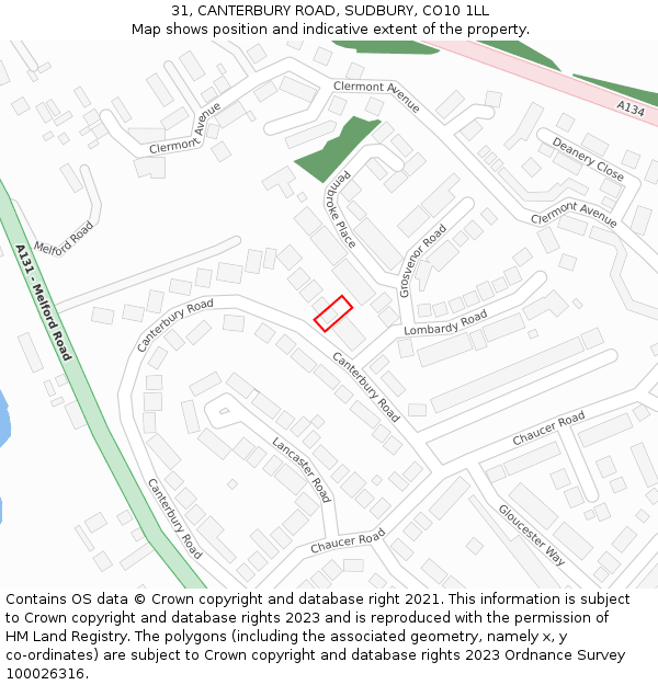 31, CANTERBURY ROAD, SUDBURY, CO10 1LL: Location map and indicative extent of plot