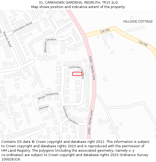 31, CARKNOWN GARDENS, REDRUTH, TR15 2LG: Location map and indicative extent of plot