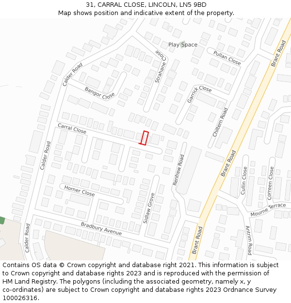 31, CARRAL CLOSE, LINCOLN, LN5 9BD: Location map and indicative extent of plot