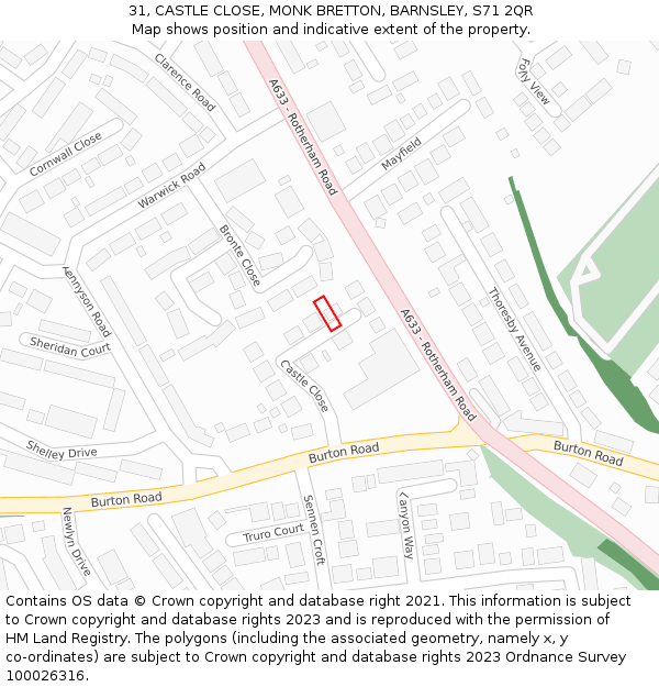 31, CASTLE CLOSE, MONK BRETTON, BARNSLEY, S71 2QR: Location map and indicative extent of plot
