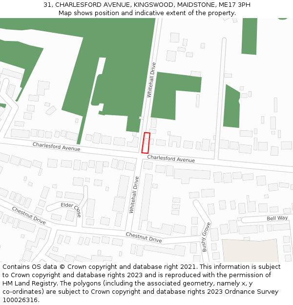 31, CHARLESFORD AVENUE, KINGSWOOD, MAIDSTONE, ME17 3PH: Location map and indicative extent of plot