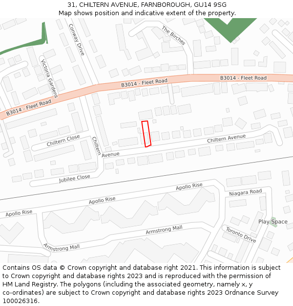 31, CHILTERN AVENUE, FARNBOROUGH, GU14 9SG: Location map and indicative extent of plot