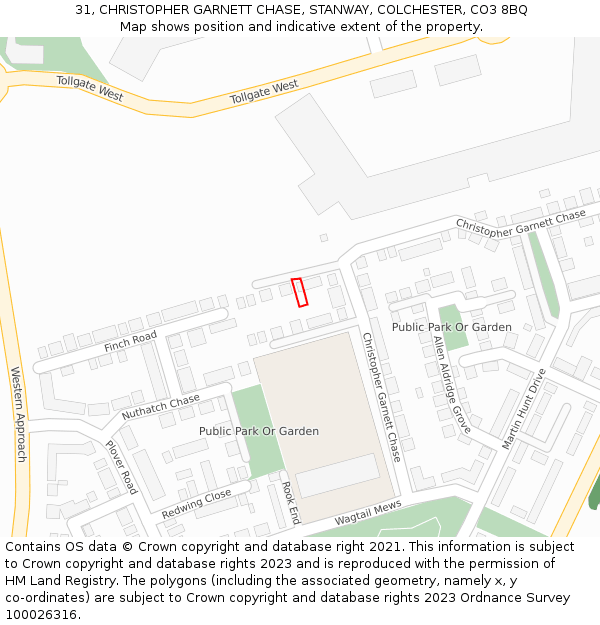 31, CHRISTOPHER GARNETT CHASE, STANWAY, COLCHESTER, CO3 8BQ: Location map and indicative extent of plot
