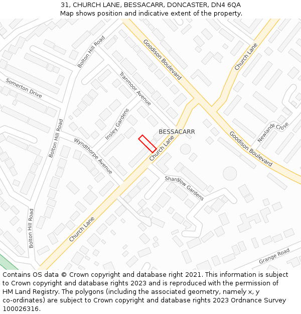31, CHURCH LANE, BESSACARR, DONCASTER, DN4 6QA: Location map and indicative extent of plot