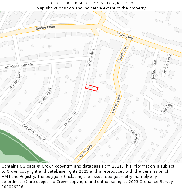 31, CHURCH RISE, CHESSINGTON, KT9 2HA: Location map and indicative extent of plot