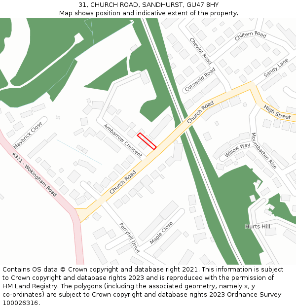 31, CHURCH ROAD, SANDHURST, GU47 8HY: Location map and indicative extent of plot