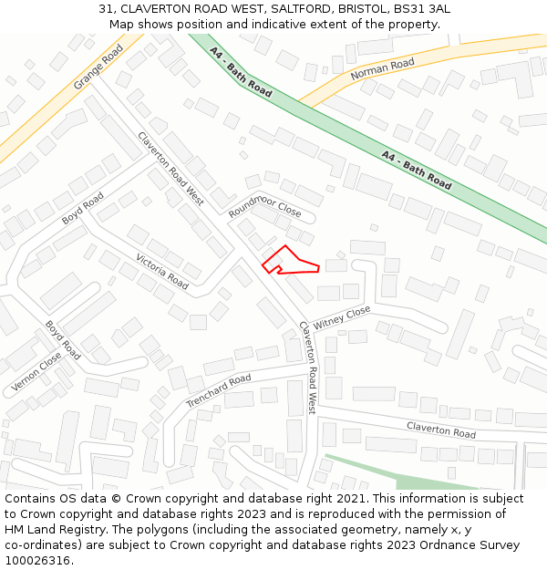 31, CLAVERTON ROAD WEST, SALTFORD, BRISTOL, BS31 3AL: Location map and indicative extent of plot