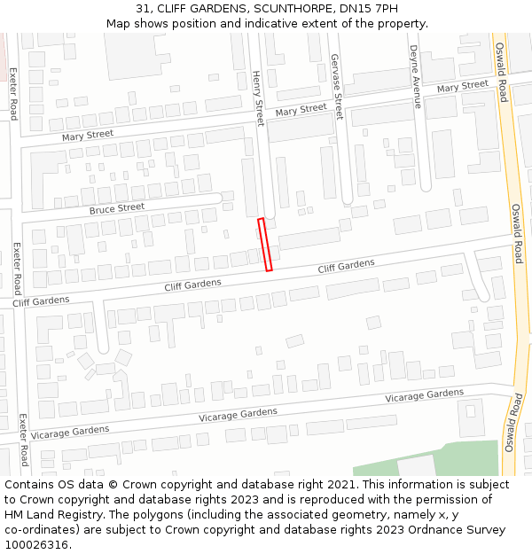 31, CLIFF GARDENS, SCUNTHORPE, DN15 7PH: Location map and indicative extent of plot