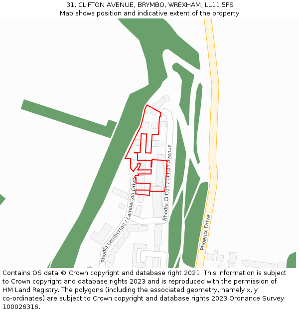 31, CLIFTON AVENUE, BRYMBO, WREXHAM, LL11 5FS: Location map and indicative extent of plot