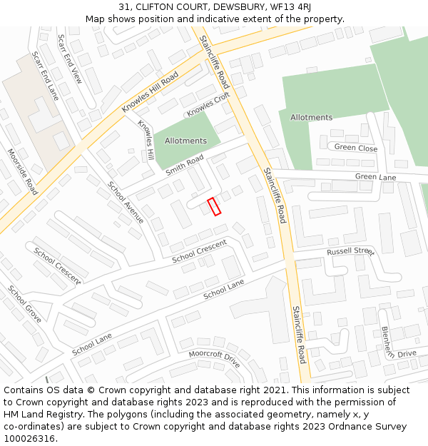 31, CLIFTON COURT, DEWSBURY, WF13 4RJ: Location map and indicative extent of plot