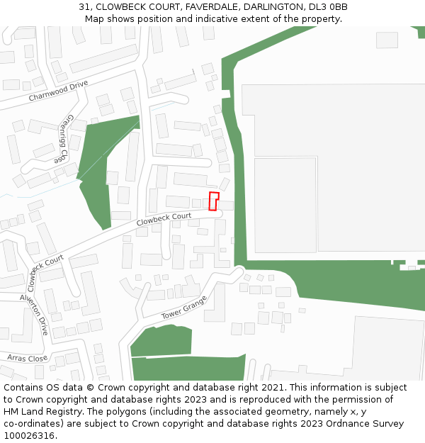 31, CLOWBECK COURT, FAVERDALE, DARLINGTON, DL3 0BB: Location map and indicative extent of plot